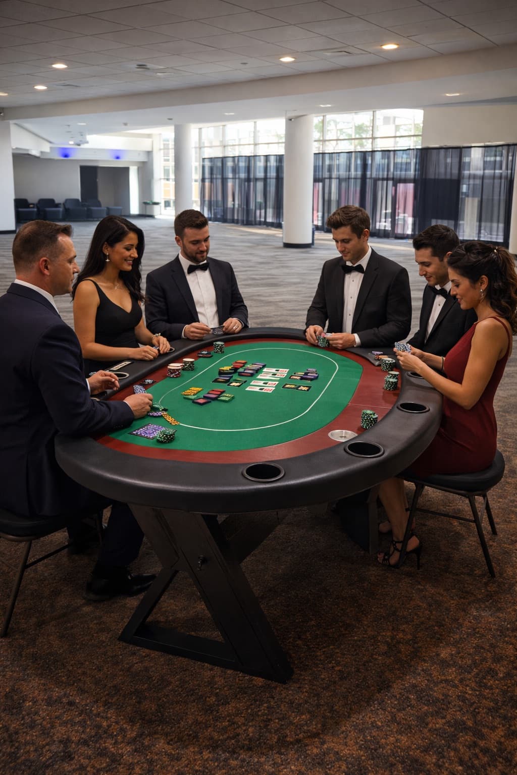 Guests in formal wear playing cards at a hand-built table in a ballroom
